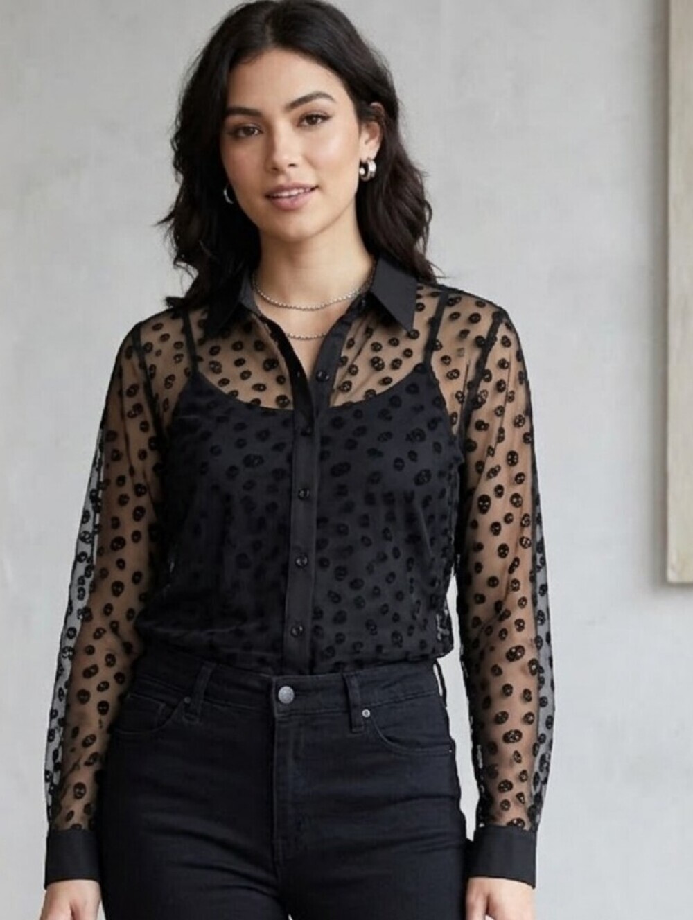 Nwt Hot Topic Skull Sheer Blouse Button Front Long Sleeves Size Large